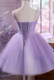 Light Purple Tulle Straps Simple Knee Length Party Dress, Homecoming Dress HZ0527
