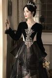 A Line Black Tulle with Lace Applique Party Dress, Velvet Long Sleeves Prom Dress HZ0527