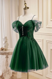 Green Tulle Knee Length Homecoming Dress, Beaded Short Prom Party Dress HZ0527