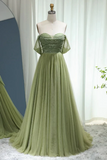 A Line Off Shoulder Tulle Sequin Green Long Prom Dress, Long Formal Dress HZ0527