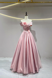 Pink A Line Satin Floor Length Prom Dress, Beautiful Off the Shoulder Evening Party Dress HZ0527