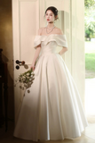 A Line Off Shoulder Satin White Long Prom Dress, Formal Dress HZ0527