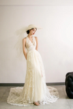 Elegant V Neck Tulle Lace Long Prom Dress, Ivory A Line Formal Evening Dress HZ0527