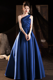 A Line One Shoulder Satin Blue Long Prom Dress, Long Formal Dress HZ0527