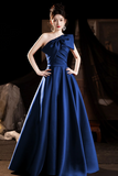 A Line One Shoulder Satin Blue Long Prom Dress, Long Formal Dress HZ0527