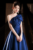 A Line One Shoulder Satin Blue Long Prom Dress, Long Formal Dress HZ0527