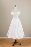A Line Off Shoulder Tea Length White Prom Dress, Formal Dress HZ0527