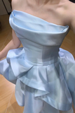 Light Blue Satin Strapless Knee Length Homecoming Dress, Short Party Dress HZ0527