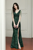 Green Sequins Floor Length Prom Dress, V Neck Evening Party Dress HZ0527