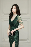 Green Sequins Floor Length Prom Dress, V Neck Evening Party Dress HZ0527