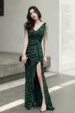 Green Sequins Floor Length Prom Dress, V Neck Evening Party Dress HZ0527