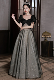 Black Tulle A Line Short Sleeves Sweetheart Party Dress, Black Tulle Prom Dress HZ0527