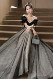 Black Tulle A Line Short Sleeves Sweetheart Party Dress, Black Tulle Prom Dress HZ0527