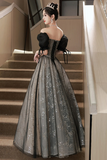 Black Tulle A Line Short Sleeves Sweetheart Party Dress, Black Tulle Prom Dress HZ0527