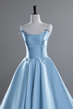 A Line Satin Blue Long Prom Dress, Blue Long Evening Dress HZ0527