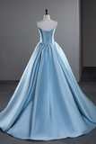 A Line Satin Blue Long Prom Dress, Blue Long Evening Dress HZ0527