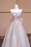 Sparkling Pink Sequined Long Prom Dress, Spaghetti Strap Party Dress with Bow HZ0527