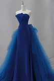 Blue Satin and Tulle Long Strapless Party Dress, Satin with Tulle Prom Dress HZ0527
