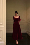 Wine Red Velvet Long Sleeves A Line Party Dress, Prom Dress Formal Dress HZ0527