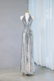 Silver Sequins Long Prom Dress, Shiny V Neck Evening Party Dress HZ0527