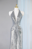 Silver Sequins Long Prom Dress, Shiny V Neck Evening Party Dress HZ0527