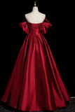 Wine Red Satin Off Shoulder Party Dress, Off Shoulder Wine Red Long Prom Dress HZ0527