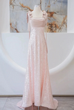 A Line Sequins Pink Straps Long Formal Dress, Evening Prom Dress HZ0527