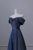 Blue Off the Shoulder Glitter A Line Long Prom Party Dress HZ0527