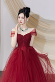 Burgundy Tulle Long Prom Dress, Burgundy Off the Shoulder Party Dress HZ0527