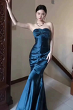 Charming Blue Soft Satin Sweetheart Strapless Long Party Dress, Prom Dress HZ0527