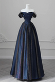 A Line Off Shoulder Satin Tulle Dark Blue Long Prom Dress, Long Formal Dress HZ0527
