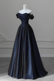 A Line Off Shoulder Satin Tulle Dark Blue Long Prom Dress, Long Formal Dress HZ0527