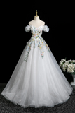 White Tulle Lace Long A Line Prom Dress, Beautiful Off the Shoulder Party Dress HZ0527