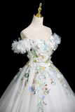 White Tulle Lace Long A Line Prom Dress, Beautiful Off the Shoulder Party Dress HZ0527