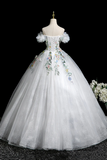 White Tulle Lace Long A Line Prom Dress, Beautiful Off the Shoulder Party Dress HZ0527