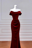 Wine Red Velvet Mermaid Off Shoulder Party Dress, Velvet Prom Dress HZ0527