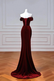 Wine Red Velvet Mermaid Off Shoulder Party Dress, Velvet Prom Dress HZ0527
