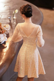 Champagne Long Sleeve Party Dress, Beautiful Knee Tea Length Prom Dress HZ0527
