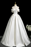 A Line Off Shoulder Satin White Long Prom Dress, White Long Formal Dress HZ0527