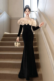 Black Velvet Long Sleeve Prom Dress, Mermaid Off the Shoulder Party Dress HZ0527