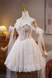 Ivory Lace Flower Pearl Birthday Short Party Dress, Lovely A Line Prom Dress HZ0527