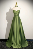 Green Satin Strapless Sweetheart A Line Prom Dress, Long Evening Dress HZ0527