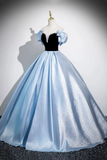 Black Velvet and Blue Satin Long Prom Dress, A Line Off the Shoulder Evening Dress HZ0527