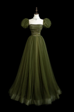 A Line Puff Sleeves Tulle Sequin Green Long Prom Dress, Evening Dress HZ0527