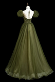 A Line Puff Sleeves Tulle Sequin Green Long Prom Dress, Evening Dress HZ0527