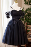 Navy Blue Tulle Short Homecoming Dress, Sweetheart Off Shoulder Prom Dress HZ0527