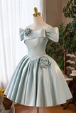 Gray Green Satin Short Prom Dress, Cute A Line Homecoming Party Dress HZ0527