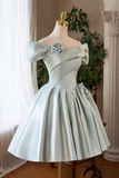 Gray Green Satin Short Prom Dress, Cute A Line Homecoming Party Dress HZ0527