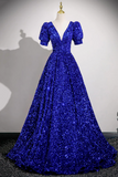 Blue V Neck Sequins Long Prom Dress, A Line Short Sleeve Party Dress HZ0527