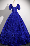 Blue V Neck Sequins Long Prom Dress, A Line Short Sleeve Party Dress HZ0527